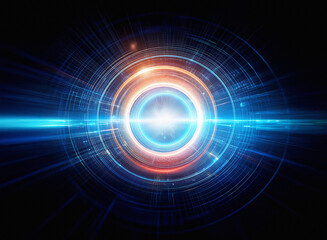 Aufkleber - Abstract digital art depicting a glowing circular interface with concentric rings and bright light bursts.  The vibrant colors suggest technological advancement and futuristic energy.