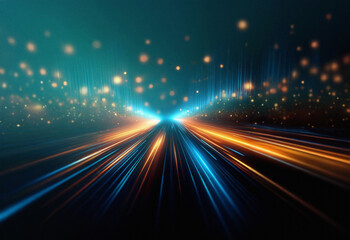 Poster - Abstract light trails streak across a dark background, resembling a vibrant, high-speed journey into a digital realm.  Sparkling particles add depth and dynamism to the scene.
