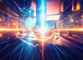 Poster - Abstract sci-fi double exposure image.  Bright light streaks across a futuristic office background, showcasing technology and energy.