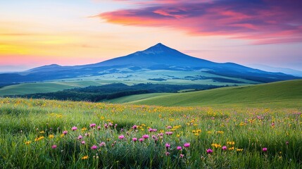 Wall Mural - Tropical island nature concept. A breathtaking sunset over a serene landscape with vibrant wildflowers and mountains.