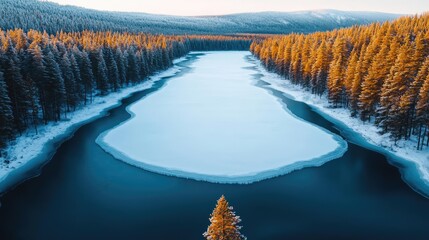 Frozen lake nature concept. A serene lake surrounded by snowy terrain and evergreen trees under a clear blue sky.