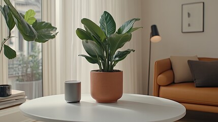 Wall Mural - A Chinese evergreen plant in an ornamental pot brings greenery to a minimalist living room with modern decor and soft lighting