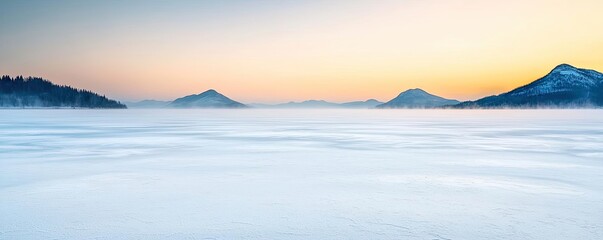 Wall Mural - Frozen lake nature concept. Serene winter landscape with mountains under a soft pastel sky at dawn.