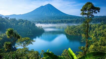 Poster - Tropical island nature concept. A serene landscape of lush mountains and tranquil lake under a clear blue sky.