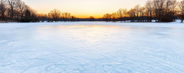 Wall Mural - Frozen lake nature concept. A serene winter landscape featuring a frozen lake and glowing sunset.