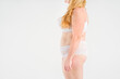 © staras - Fat woman in white underwear on gray background, overweight female, obesity body, weight loss concept