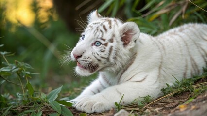 Captivating albino tiger cub in natural habitat wildlife documentary lush forest environment close-up perspective for wildlife enthusiasts