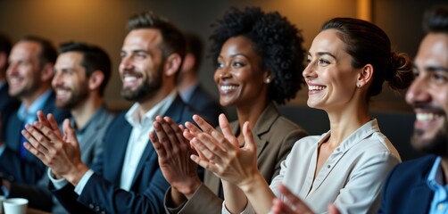 Business people clapping in meeting. Diverse group. Happy, excited. Supporting someone. Pro event. Listening to presentation. People look happy. Pro business meeting in modern workplace. Successful