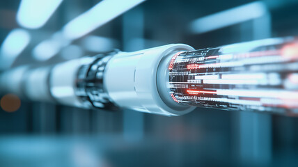 Wall Mural - digital data stream: close-up of high-tech fiber optic cable glowing with data streams, conveying sp