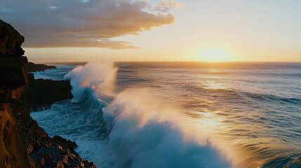 Poster - Sunset over ocean waves nature idea. Breathtaking ocean waves crashing on rocky cliffs during a vibrant sunset.