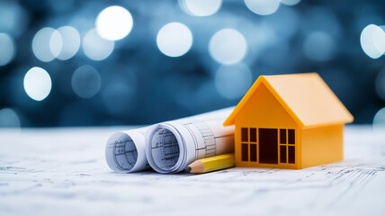 Blueprints and small orange house model on table, symbolizing construction and architecture. background features soft bokeh effect, enhancing creative atmosphere