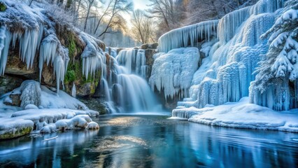 Wall Mural - Serene frozen waterfall with intricate ice formations and frosty mist in a winter wonderland setting , nature, frozen