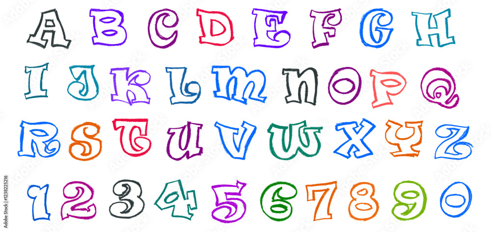 Cartoon Comic Style Alphabet and Numbers Crayon Chalk Drawing Vector ...