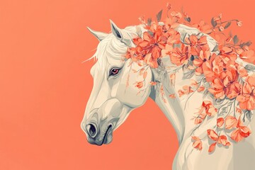 Canvas Print - Stunning white horse adorned with vibrant orange flowers against a coral background, evoking elegance and grace in a contemporary art style