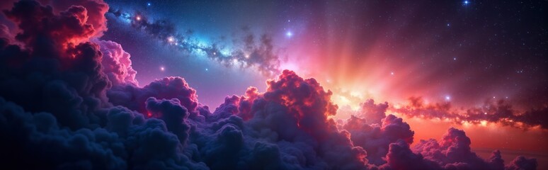 Wall Mural - Colorful clouds like cotton candy fill sky. Cosmic colors blend with starlight. Milky way shines bright between clouds. Night sky full of stars. Vast universe. Stardust floats around. Space, cosmos.