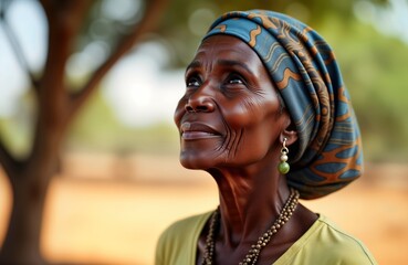 Elderly African woman with traditional headwrap, smile looks upwards outdoors. Joyful senior citizen in rural African setting. Traditional style in sunny day. Happy woman with wrinkles. Cultural icon