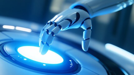 Leinwandbilder - A close-up of a robotic hand reaching towards a glowing circular interface, symbolizing advanced technology and interaction.