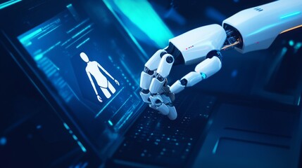 Poster - A robotic hand interacts with a digital interface displaying a human figure, symbolizing the integration of technology and human-like robotics.
