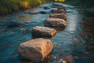 Wall Mural - A serene stream with stepping stones leading across the water, surrounded by lush greenery.