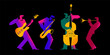 © Tatiana - set of multicolored musicians with a texture on a black background. abstract textured silhouettes of musicians with musical instruments. stock vector illustration. EPS 10.
