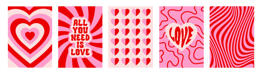 Poster - Creative groovy romantic set vertical backgrounds in style retro. Happy Valentines day greeting card. Vector illustration. Pink, beige and red colors