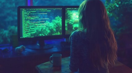 Woman programmer working late at night on dual monitors, coding.