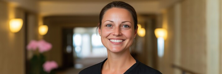 Wall Mural - A woman is smiling in a hallway with a potted plant in the background. Scene is cheerful and positive