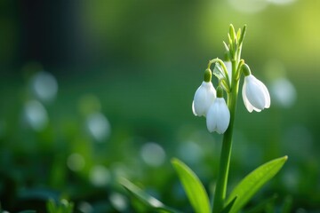 Wall Mural - Delicate white flowers unfolding on a slender stem, botanical, spring