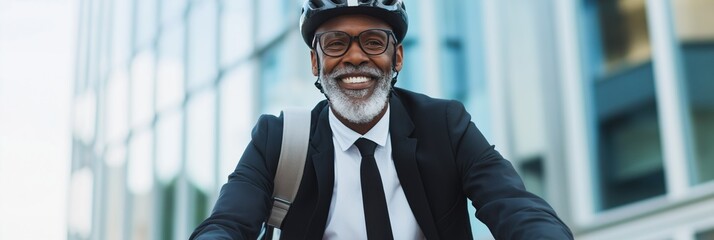 Sticker - A man in a suit and tie is smiling and riding a bicycle. Concept of confidence and positivity, as the man is enjoying his ride and embracing a healthy lifestyle. The combination of the suit