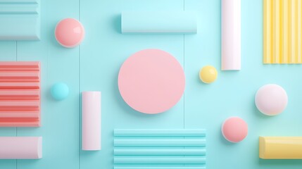 Wall Mural - Abstract geometric shapes in pastel colors on a light blue background creating a modern artistic composition