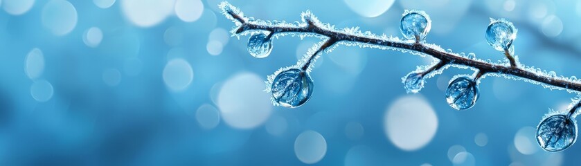 Wall Mural - Closeup of sparkling water droplets clinging to a branch after the rain, macro photography perspective