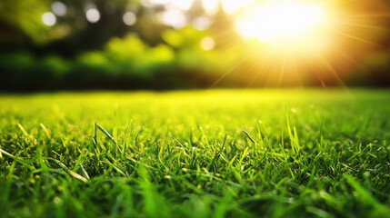 Wall Mural - A vibrant green lawn illuminated by sunlight, creating a serene and peaceful atmosphere.