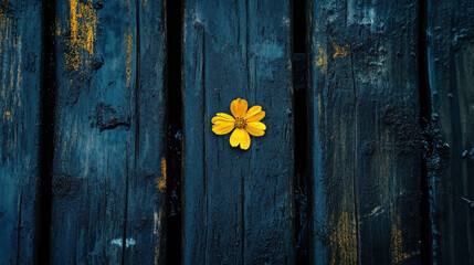 Wall Mural - A vibrant yellow flower rests on dark wooden planks, creating a striking contrast.