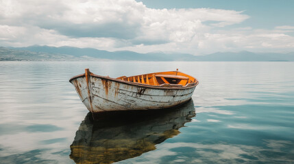 Wall Mural - A weathered boat floats serenely on calm waters under a cloudy sky.