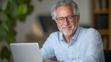 Wall Mural - Senior Businessman smiling while working on laptop