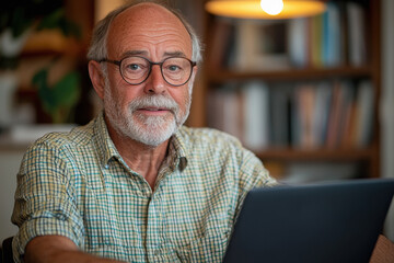 Wall Mural - Senior Businessman smiling while working on laptop