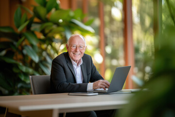 Wall Mural - Senior Businessman smiling while working on laptop