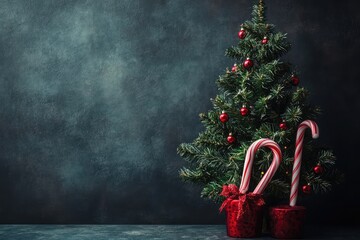 Wall Mural - Christmas loading concept with a tree and candy canes on a dramatic dark background