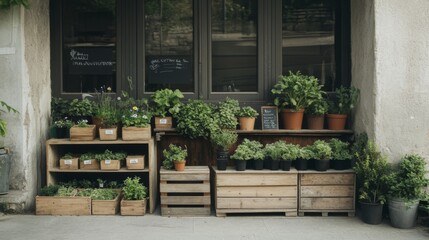 Wall Mural - Urban herb shop storefront, plants, crates, city background, for website