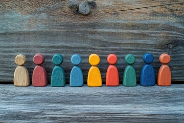 Wooden cutouts of people in various colors standing together on a rustic wooden surface symbolizing diversity unity and community in a playful handmade style.