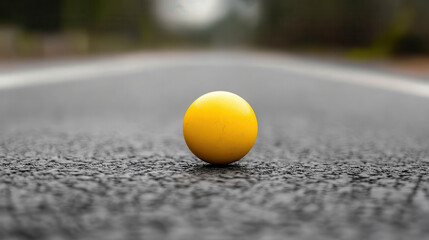 Poster - A yellow ball resting on a quiet road, creating a striking contrast with the asphalt.