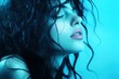 © Sudipta - A realistic photograph of a pretty woman listening to music over a blue background