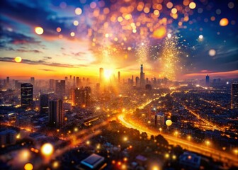 Wall Mural - Abstract Aerial Particle Effect Background: Glittering Dust and Light Trails Over Cityscape