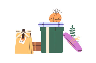 Poster - Christmas gift boxes composition. Birthday surprises, festive bags. Heap of wrapped winter holiday giftboxes. Pile of Xmas presents with decor. Flat isolated vector illustration on white background