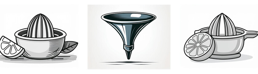 Poster - Three variations of citrus juicers, kitchen utensils depicted as icons.  Simple, grayscale illustrations of manual juicers.