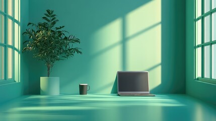 Wall Mural - Empty desk with a laptop, plant, and coffee cup, leaving a large area of clean space for copy and office branding.