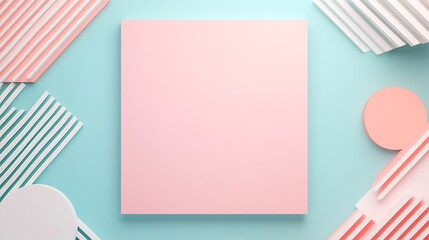 Wall Mural - Minimalist Background with Soft Pink Square Surrounded by Pastel Shapes and Striped Patterns for Creative Projects