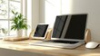 © pinporn manosri - Minimalist office desk with a wireless mouse, laptop, and tablet, providing ample space for office technology content.