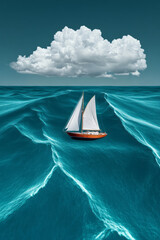 Poster - A refined high-resolution capture focusing on waves gently rolling by, the yacht anchored in the mid-ground beneath a bright, cottony cloud bank,