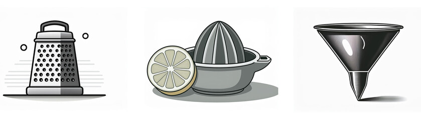Poster - Three grayscale kitchen utensil icons: a grater, a citrus juicer, and a funnel.  Simple, clean design.